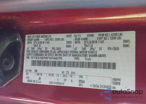 2015 Ford F-150 Xlt из США, поврежденный, VIN 1FTEX1EP6FKF04370